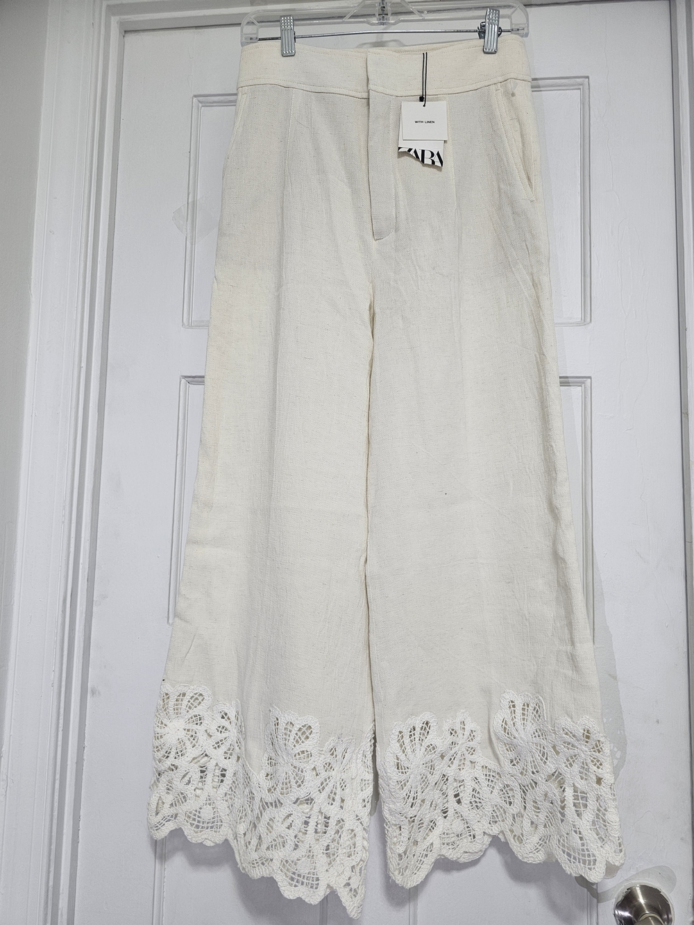 ZARA Women Beige Solid Wide-Leg Pants High Rise Lace Hem Pockets Zip Button M - Picture 2 of 12